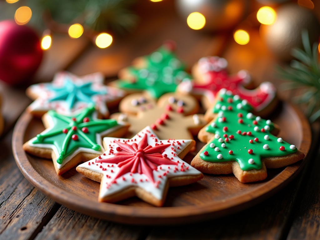  a wooden plate with several decorated Christmas cookies on it. The cookies are in the shape of Christmas trees and are decorated with red and green icing and sprinkles. The plate is placed on a wooden table with a blurred background of Christmas lights and ornaments. There are also some red and gold baubles scattered around the plate. The overall mood of the image is festive and cheerful.