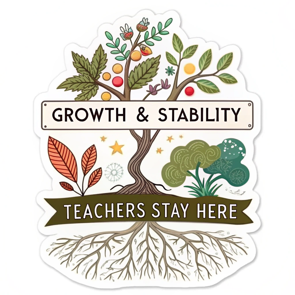 Sticker Design 2: 'Growth & Stability.' Depicts a thriving plant with strong roots (for 'Vital' and 'Stay Here'). The tagline 'Teachers Stay Here' could be part of the root system or a banner. Palette: earthy greens, browns, with bright accents.