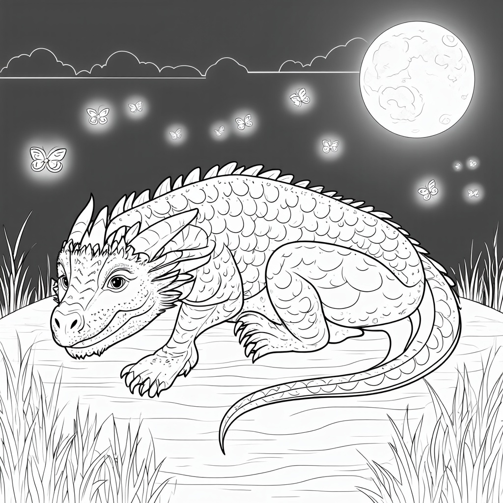 A serene dragon dozing atop a moonlit hill dotted with glowing fireflies. Its body curled comfortably in the grass, the dragon dreams peacefully. The moon casts a silver hue over everything, giving the scene a subtle, magical ambiance.