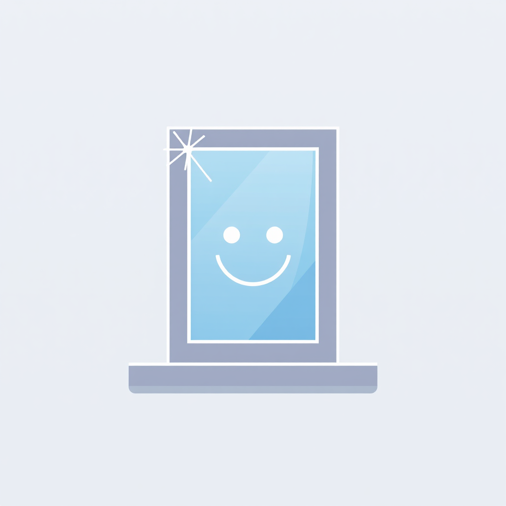 A minimalist design featuring a sparkling clean window with a simple, happy face icon subtly incorporated into the reflection or the window frame.