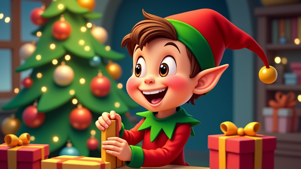  a cartoon elf sitting at a table with several gift boxes in front of a Christmas tree. The elf is wearing a red and green outfit with a red hat and has a big smile on its face. It is holding a yellow gift box in its hands and appears to be opening it. The Christmas tree is decorated with colorful ornaments and lights, and there is a bookshelf in the background. The overall mood of the image is cheerful and festive.