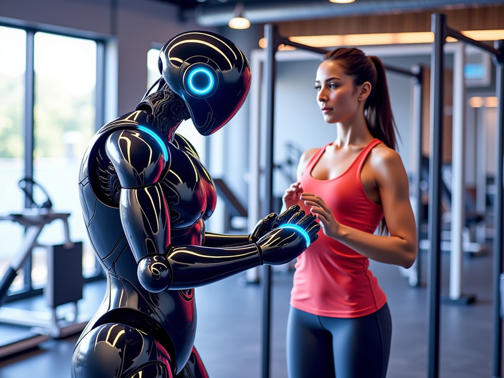  a young woman in a gym, standing next to a robot. The robot is black and red in color and has a round head with blue eyes. The woman is wearing a red tank top and black leggings. She is looking at the robot with a serious expression on her face. In the background, there are various gym equipment and a large window. The overall mood of the image is focused and intense.