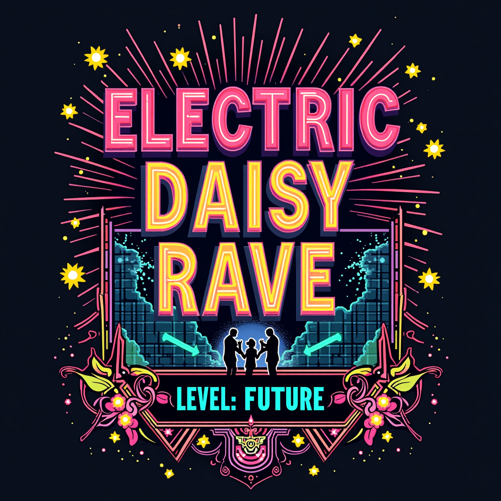 Retro Video Game Flyer: Design emulates an 80s arcade game flyer. A central, BOLD title 'ELECTRIC DAISY RAVE' with 'LEVEL: FUTURE' underneath. Graphics include pixelated daisy icons, laser grids, and stylized silhouettes of dancing figures. A border with retro-tech patterns and vibrant, contrasting color blocks (e.g., teal, magenta, yellow, black).
