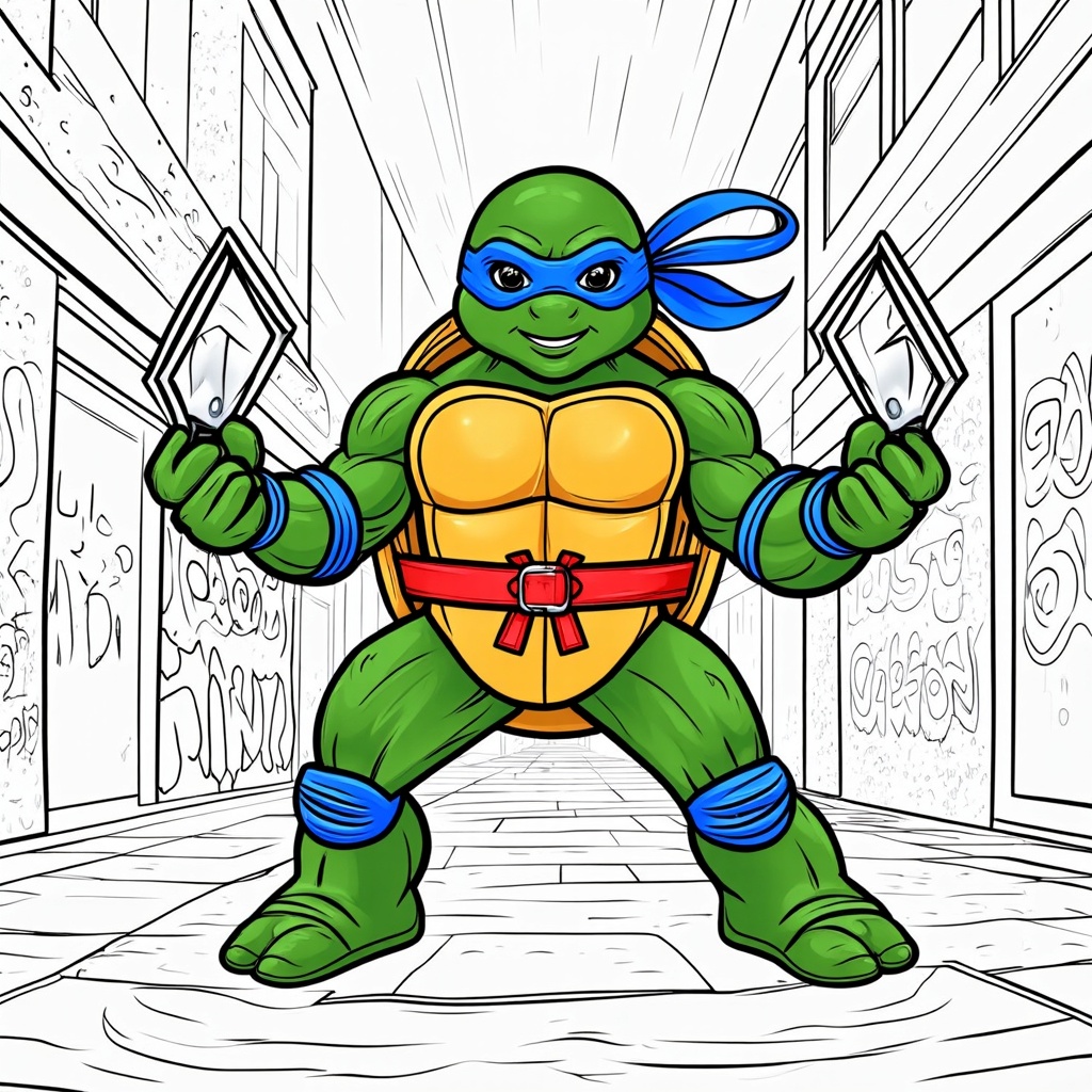 The image shows a teenage mutant ninja turtle, Raphael, holding two cards in his hands. He is wearing his signature red bandana and has a determined expression on his face. The background is a bright blue sky with white clouds. The image is a free printable coloring page, perfect for kids to enjoy.