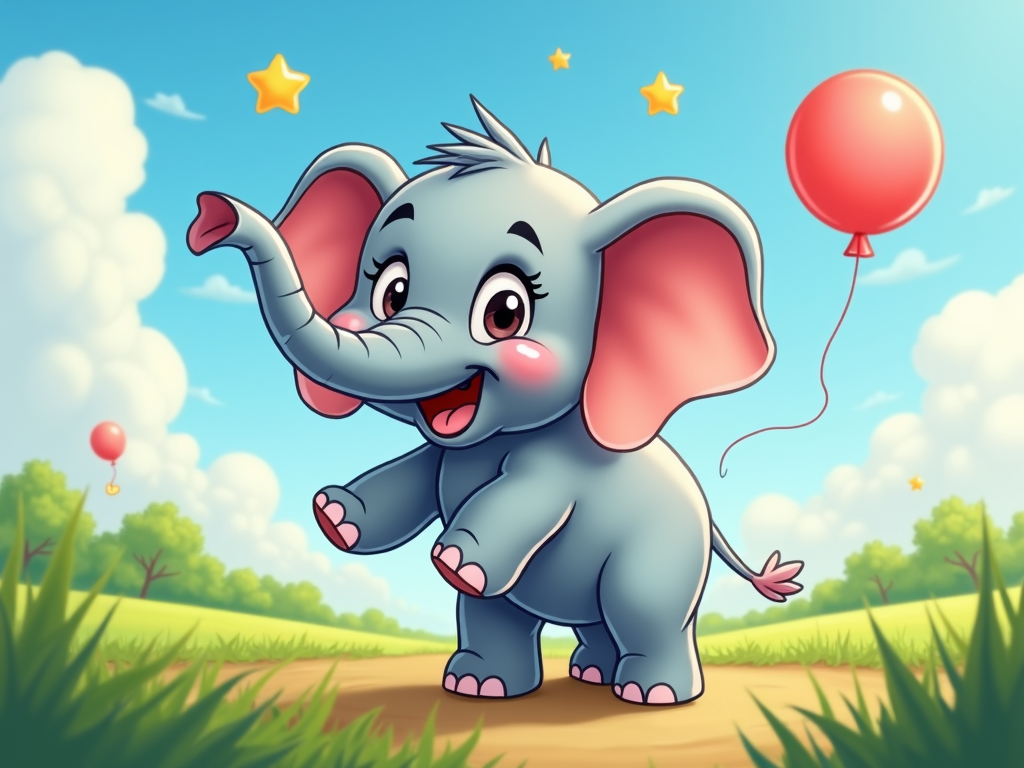 A friendly cartoon elephant with large, expressive eyes, perhaps with a slightly mischievous smile, set against a simple, colorful background.