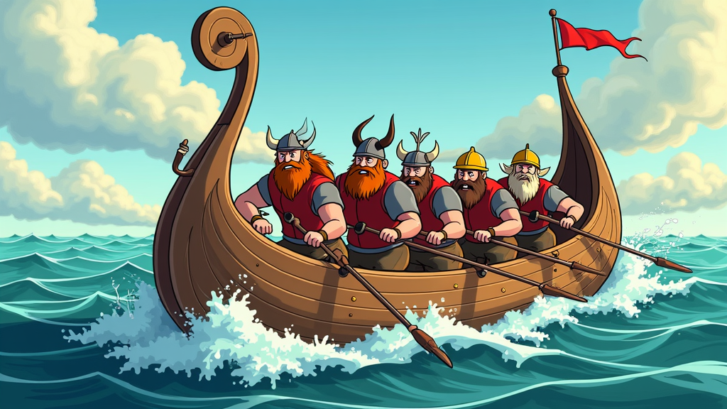 A cartoon Viking ship with comical, exaggerated features, like a goofy face on the prow, bobbing erratically through a choppy sea with Vikings struggling to row in sync.