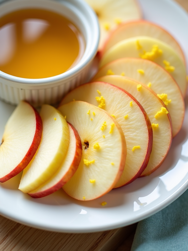 Apple slices arranged on a white plate, dusted with lemon zest, alongside a small ramekin of honey for dipping.