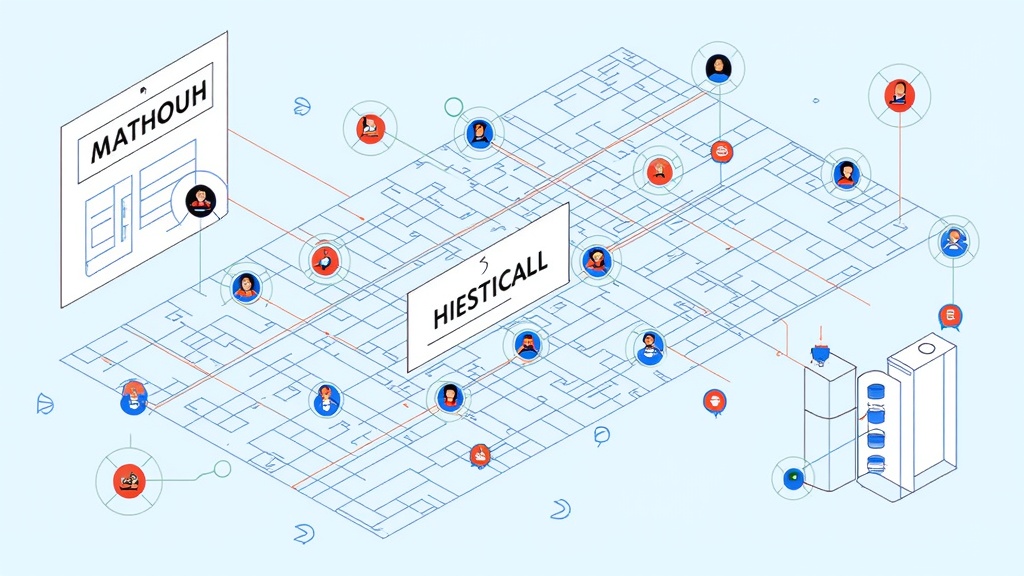 Create an abstract representation where data streams and network graphs overlay a blueprint of a smart hospital. Highlight nodes representing patients, staff, and resources, with AI dynamically adjusting connections and flow rates to represent optimized patient pathways and resource distribution.