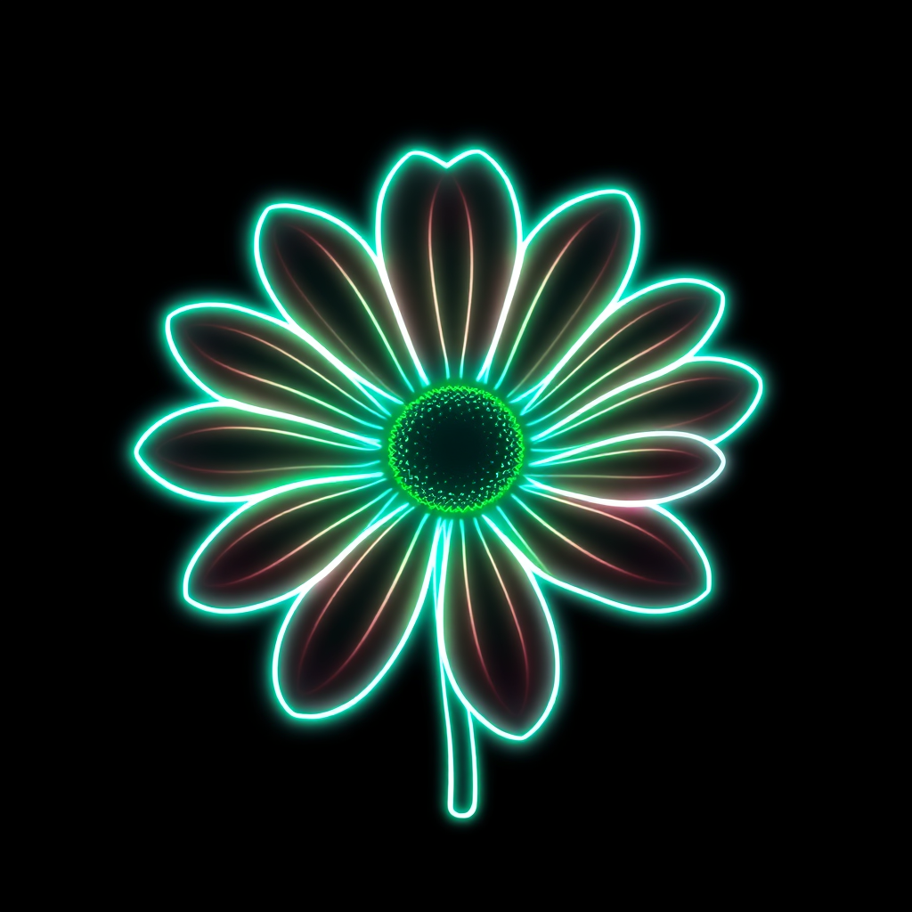 An organically shaped daisy outlined and veined with pulsating neon or bioluminescent light, suggesting a living energy source.