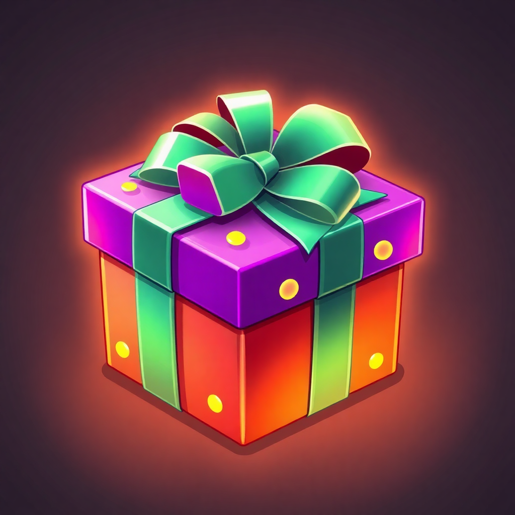 The image is a digital illustration of a gift box. The box is rectangular in shape and has a purple top with a green ribbon tied in a bow on top. The ribbon is tied in two rows of three colors - purple, green, orange, and yellow. The colors are bright and vibrant, with the purple being the dominant color and the green being the predominant color. The orange and yellow stripes are evenly spaced and run horizontally across the box, creating a rainbow-like effect. The background is dark, making the colors of the box stand out even more. The overall mood of the image is cheerful and festive, conveying a sense of joy and celebration.