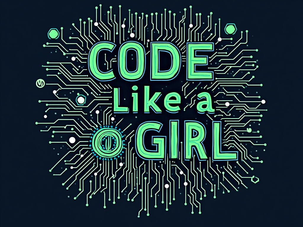 An illustration of a circuit board where the traces and components creatively spell out 'Code Like a Girl' or form recognizable tech symbols (like a power button or Wi-Fi symbol) leading to the slogan.