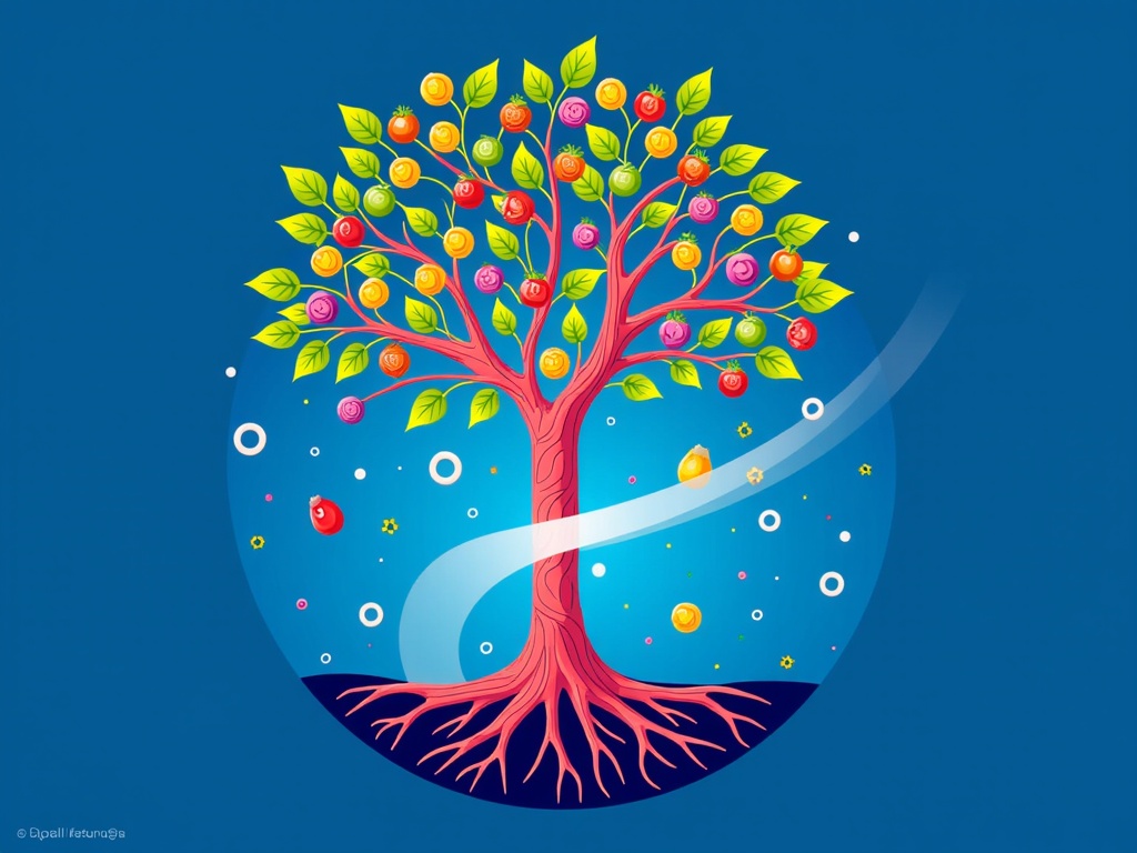 A metaphorical 'Tree of Knowledge' where the roots are intricate DNA patterns and the branches bear fruits representing therapeutic discoveries. An ethereal AI entity, visualized as flowing light, nurtures the tree by analyzing genomic roots, accelerating the growth of new 'drug fruits'.