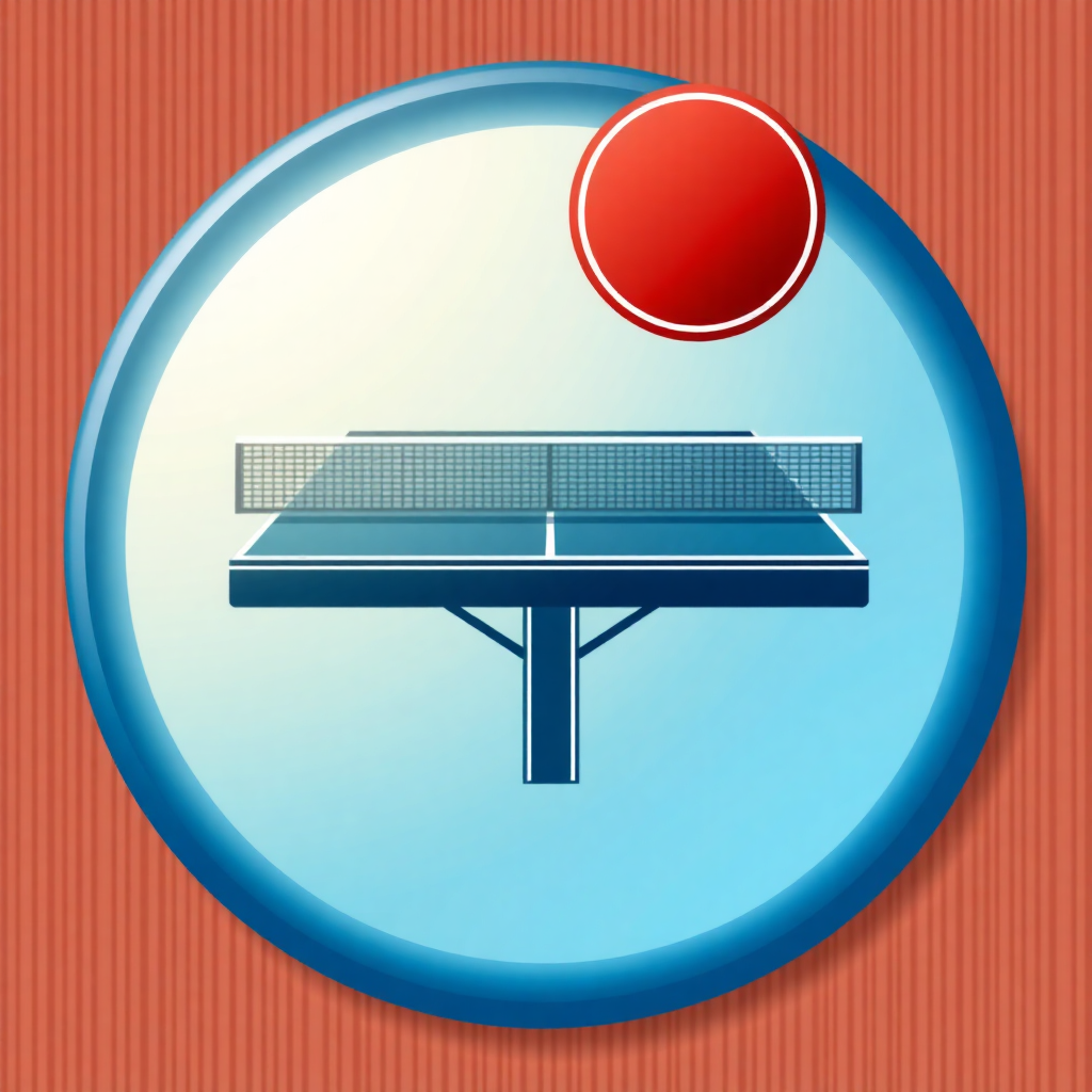 The image is a circular icon with a blue background and a red circle in the center. Inside the circle, there is an illustration of a ping pong table with a net on top. The table is in the middle of the image and the net is on the right side. The background is a light blue color with a diagonal striped pattern. The overall design is simple and minimalistic.