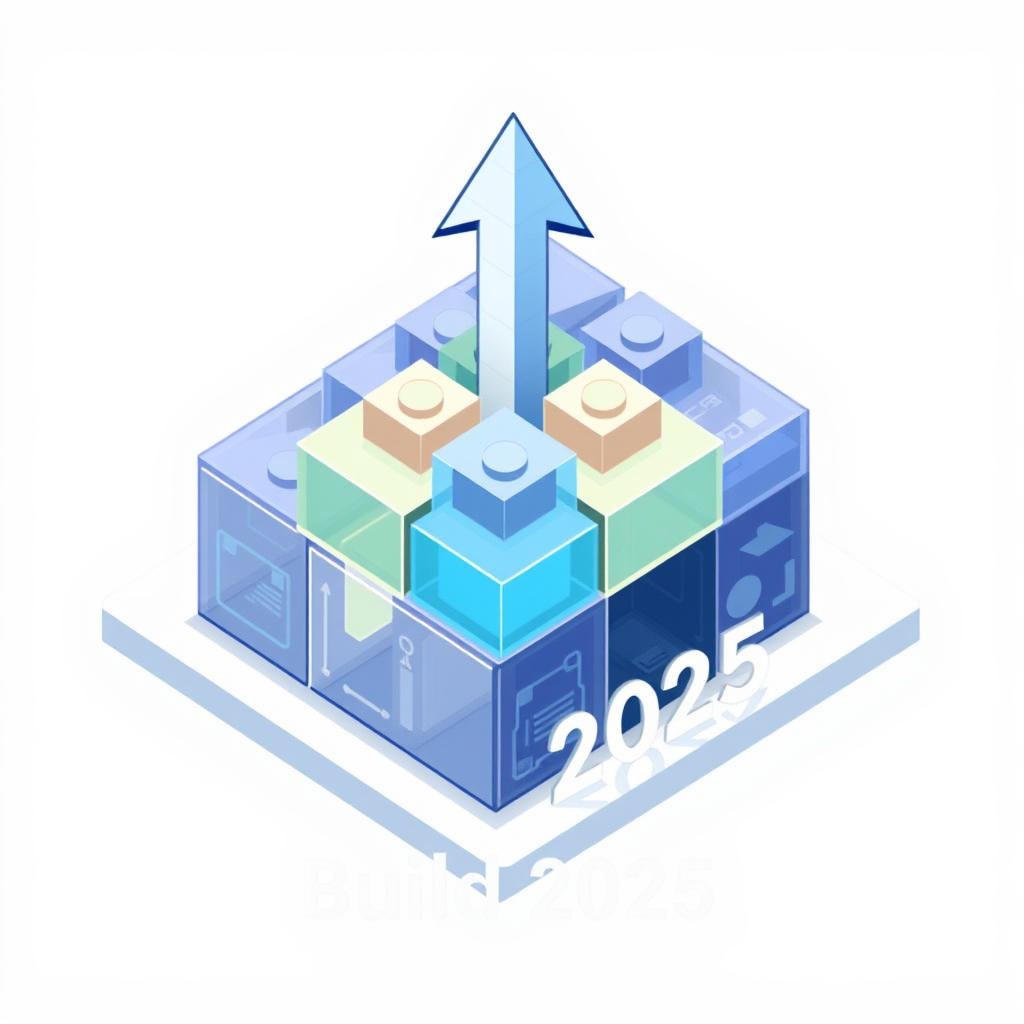 Sub-Design Idea 3 (Isometric Architectural Blocks): An isometric design depicting a cluster or structure of building blocks, symbolizing software components, developer tools, or conference themes. These blocks could vary in transparency and material. A dynamic arrow element, possibly formed by negative space or specific block alignment, guides the eye upwards or forwards, signifying 'The Next Dimension.' 'Build 2025' text is integrated harmoniously with the isometric perspective.