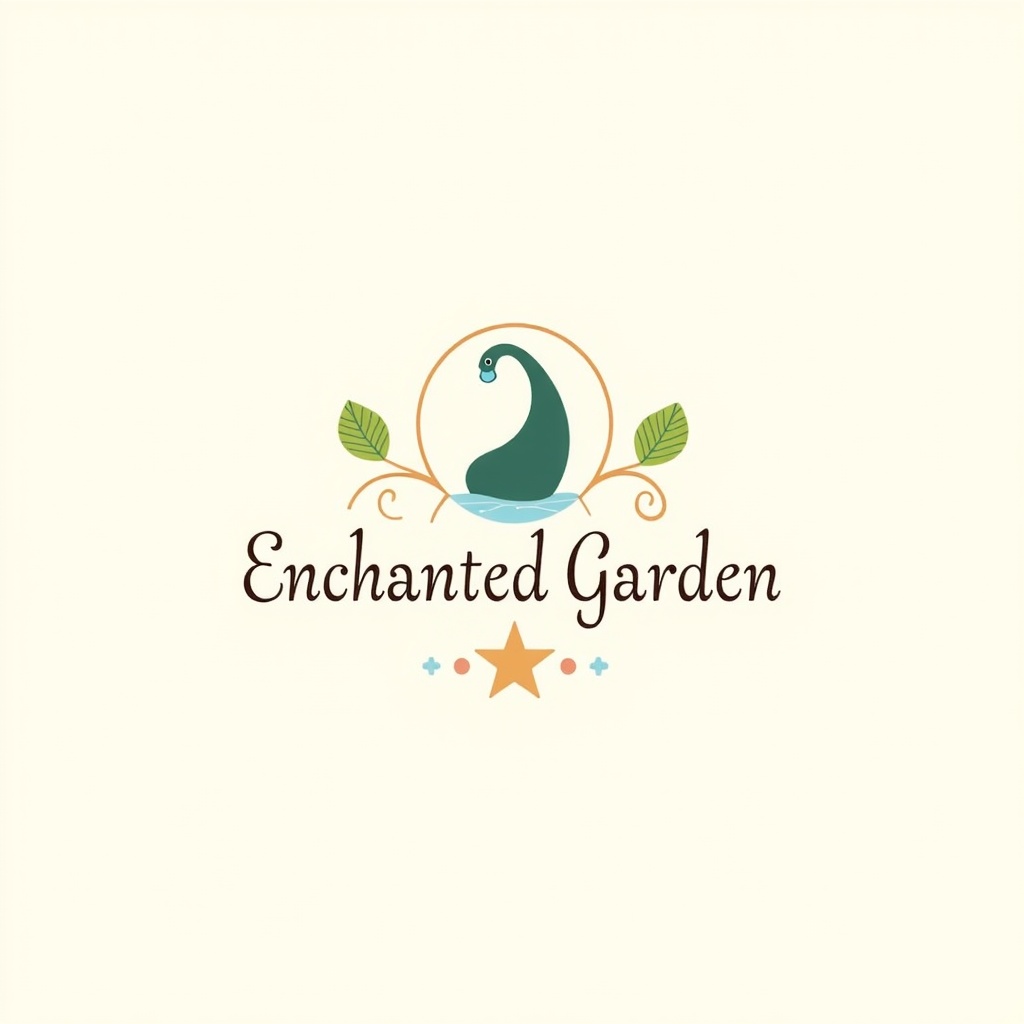 Simple Logo Idea: A circular emblem featuring a gracefully arching fountain stream forming an abstract peacock tail silhouette, above stylized representations of exotic leaves and a single star. The words 'Enchanted Garden' in an elegant, flowing script beneath.