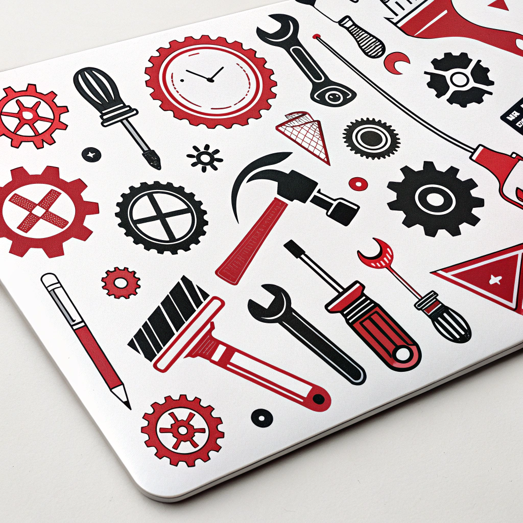 A sticker with a repeating pattern of stylized, minimalist tool icons (gears, pencils, cogs, spatulas) representing diverse labor, perhaps in protest colors like red and black.