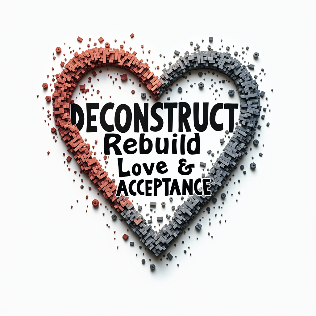 A word-art design where 'Deconstruct' is shown with letters breaking apart or dissolving, and 'Rebuild' is shown with letters forming or made of building blocks. 'Gender' could be a fading or broken word, while 'Love & Acceptance' are bold, intertwined, and perhaps form a heart shape.