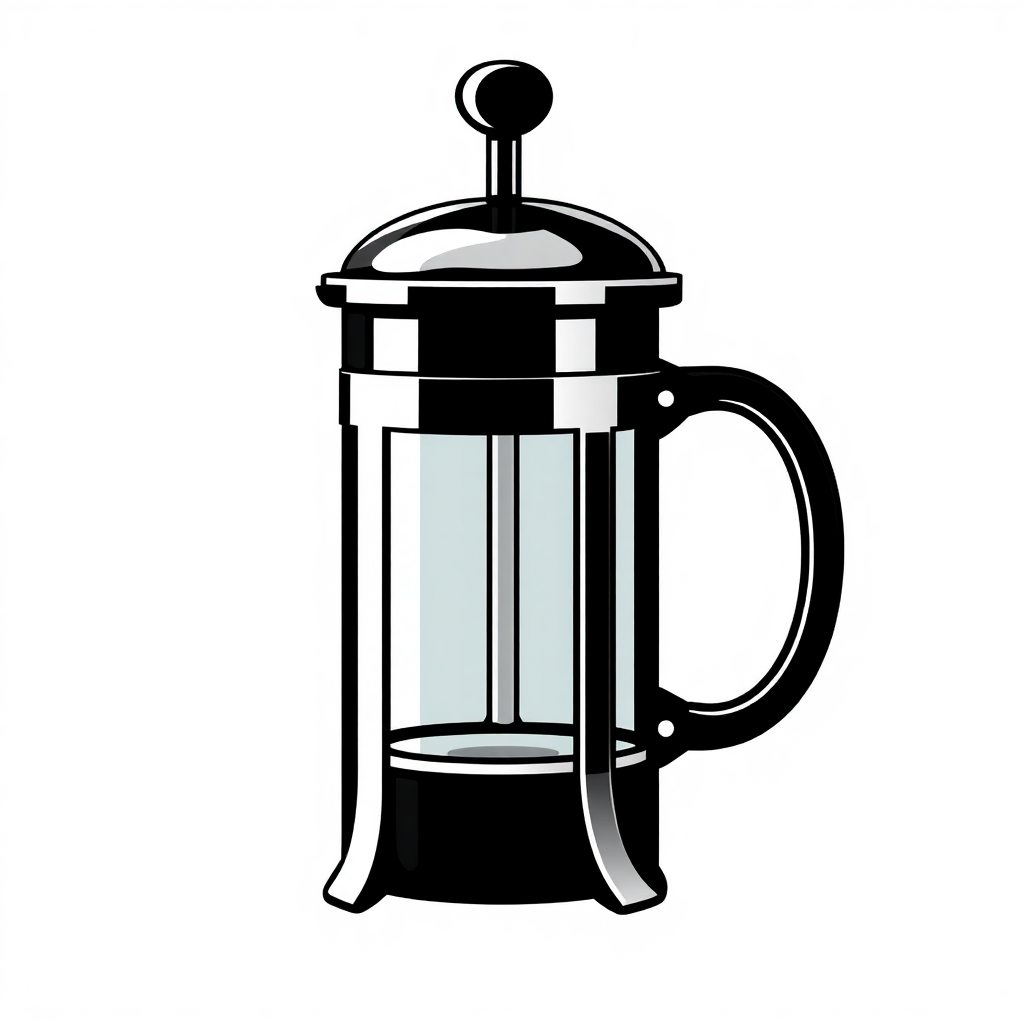 The image is a black and white illustration of a french press coffee maker. The french press is made of glass and has a handle on the right side and a spout on the left side. It has a lid with a knob on top, which is likely used to open and close the lid. The body of the french press has a transparent glass window, allowing the user to see the contents inside. The handle is curved and appears to be made of metal. The background is plain white.