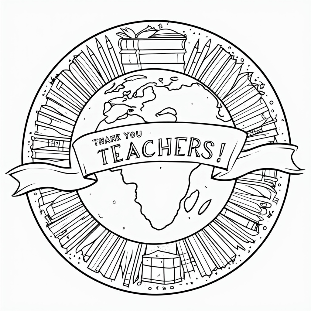 Design 1: A central, detailed globe with an array of books and pencils radiating outwards from it. Include a ribbon or banner with 'Thank You Teachers!' that weaves through the elements. Add small floral or star doodles in the background for extra coloring fun.