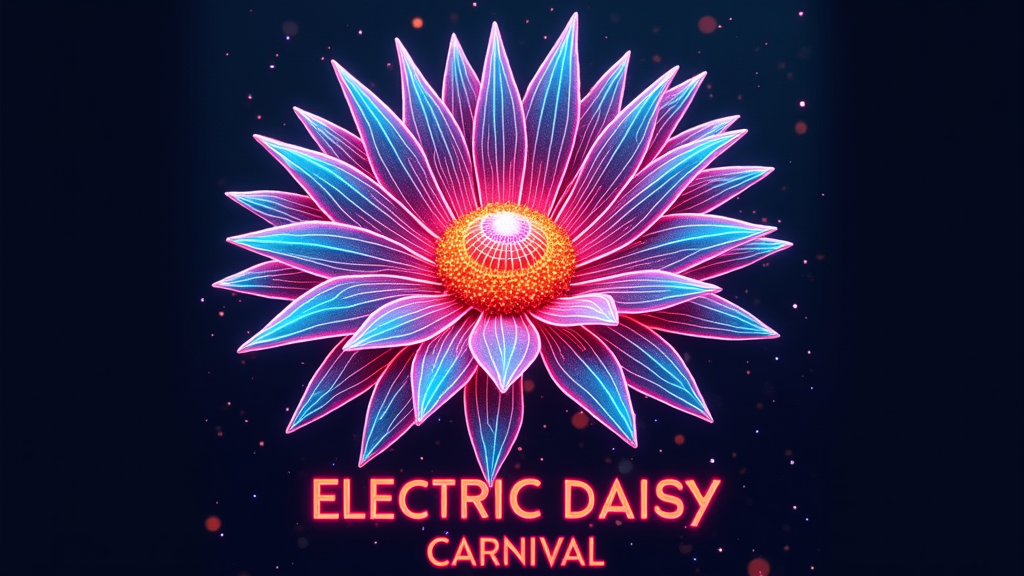 Geometric Bloom Structure: A daisy constructed from sharp, glowing geometric shards and lines, resembling a crystal formation or a complex neon light installation. Each petal segment could have a different neon hue, and the center could be a pulsating geometric core. 'Electric Daisy Carnival' below in a clean, sans-serif futuristic font.