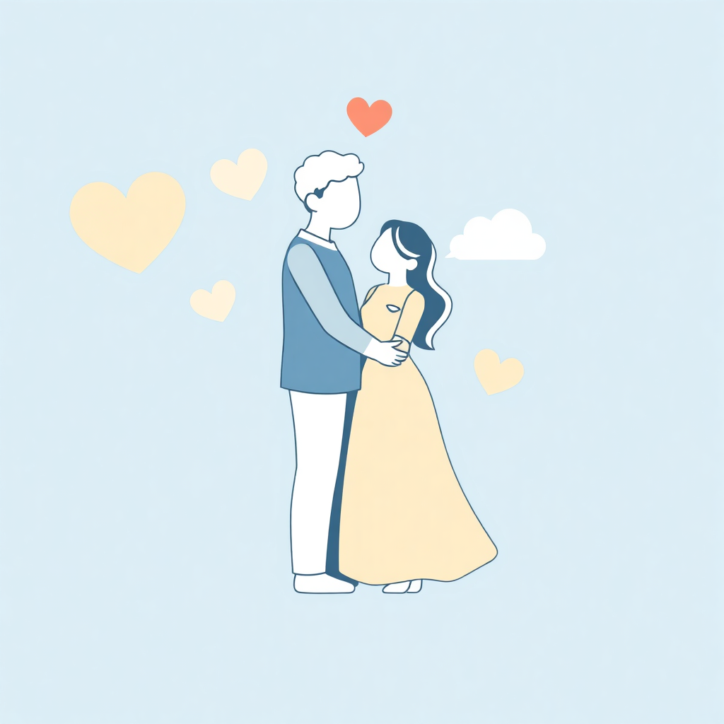 The image shows a man and woman standing in front of a blue background with hearts floating around them. The man is wearing a blue shirt and the woman is wearing an orange dress. The sky is filled with white clouds and the hearts are a bright red color.