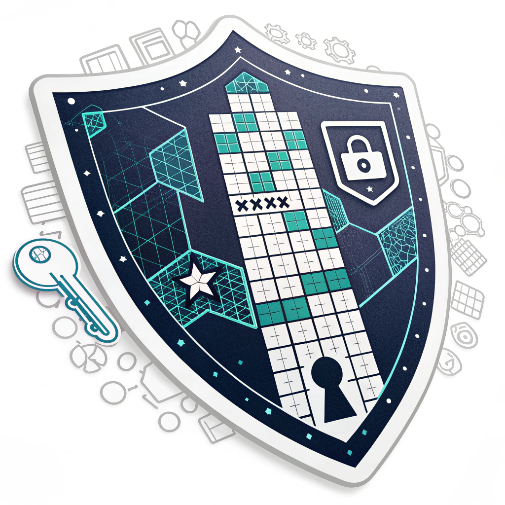 A shield made of interconnected digital blocks (like pixels or Tetris pieces) forming a strong barrier. Some blocks could be highlighted to represent asterisks (****) or a key icon. The color scheme could be a mix of dark blue, cyan, and white.
