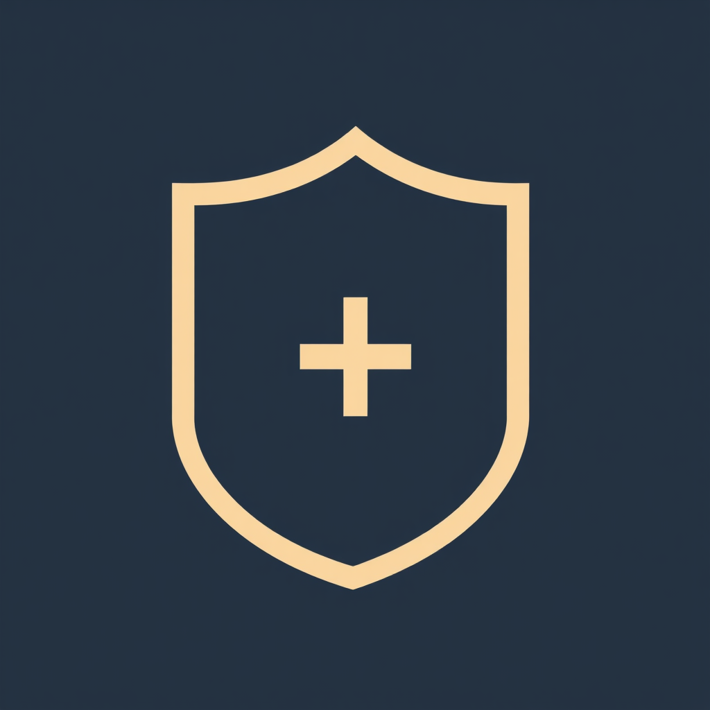 A minimalist shield outline containing a single, bold plus symbol (+) in the center, concisely representing both protection and remedy.