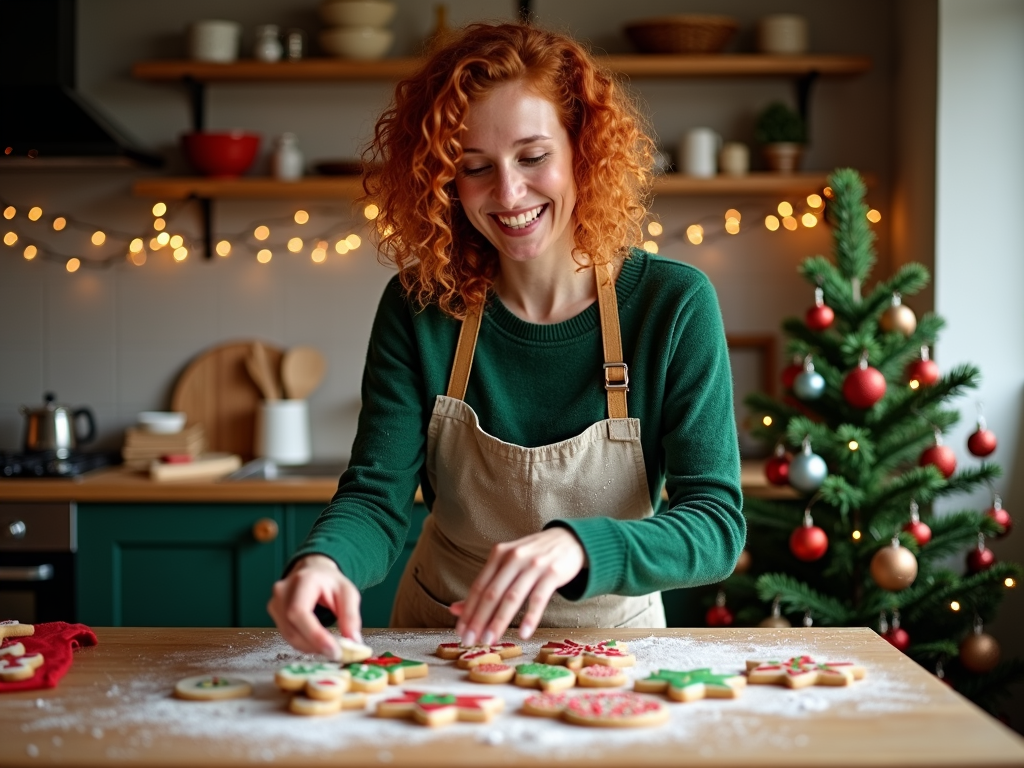 In this image, we can see a young woman with red curly hair wearing a green sweater and a beige apron. She is standing in a kitchen with a Christmas tree in the background. The woman is smiling and appears to be in the process of decorating a gingerbread cookie. On the table in front of her, there are several decorated sugar cookies with colorful icing and sprinkles. The table is covered in a light dusting of powdered sugar. The kitchen is decorated with string lights and other festive decorations.