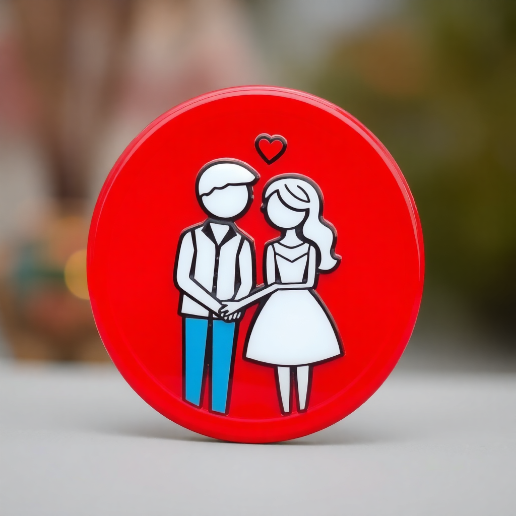 The image shows a red button with a drawing of a man and woman holding hands, with a heart symbol in the center. The background is blurred, giving the image a dreamy feel.