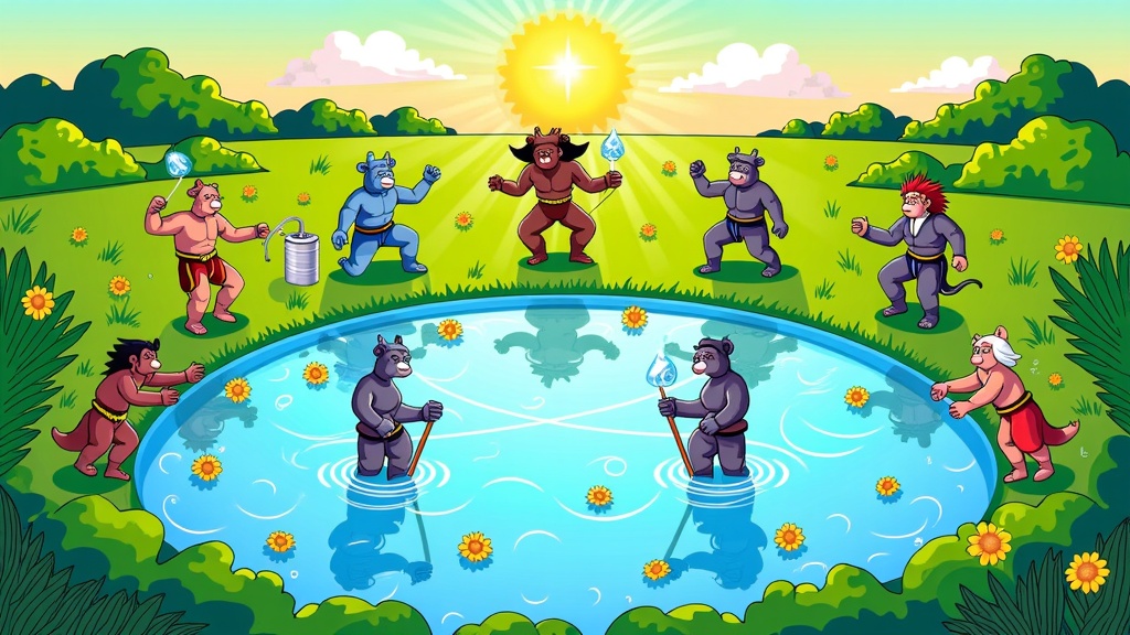 An allegorical illustration where 'Water Guardians' (e.g., personified native plants, wise animals, or community elders) are shown protecting and replenishing a water source, while contrasting figures representing unchecked consumption or pollution attempt to deplete it. The narrative focuses on the struggle and triumph of stewardship.