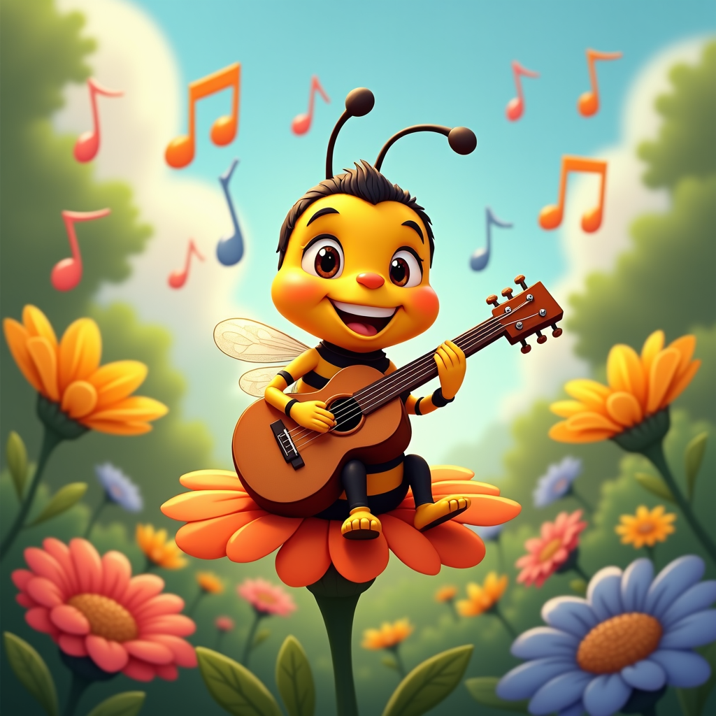 A cartoon bee surrounded by musical notes, joyfully playing a tiny guitar, serenading the flowers around it.