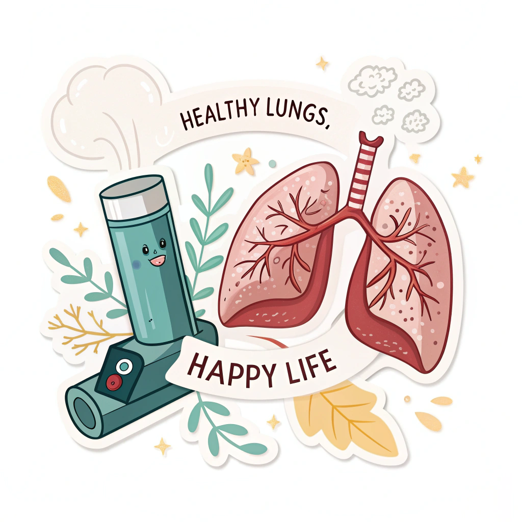 Sub-design idea 3: Sticker with a positive and empowering depiction of an inhaler working in harmony with a pair of strong, clear lungs. This could be visualized by gentle light rays or supportive elements, with the text 'Healthy Lungs, Happy Life' emphasizing control and well-being.