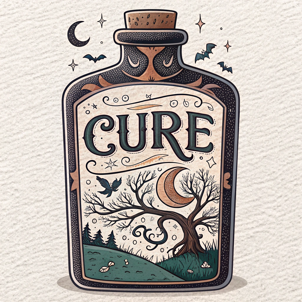 A vintage-inspired label design reminiscent of old apothecary or medicine bottles, featuring a Southern-themed 'cure' or potion with a dark twist.