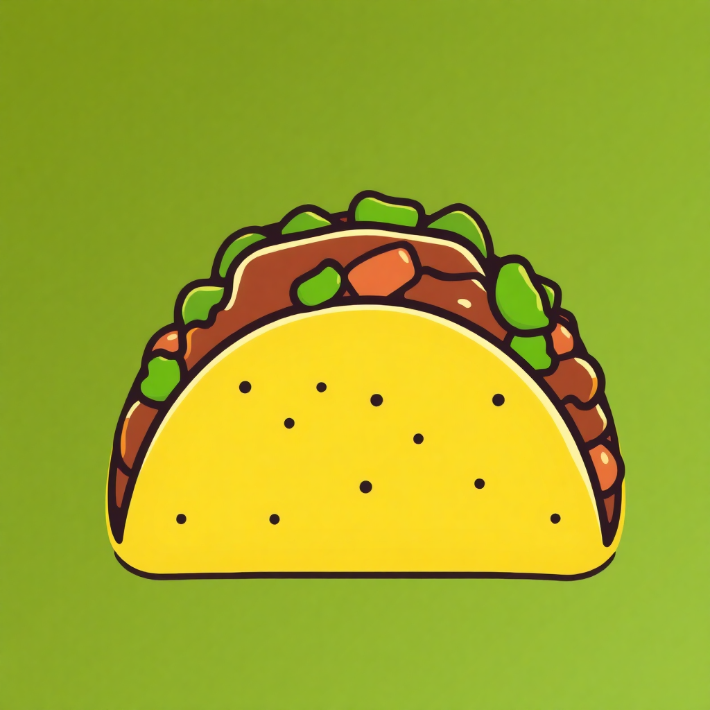 The image is a simple illustration of a taco. The taco is yellow in color with small black dots scattered across its surface. It has a round shape with a flat top and a flat bottom. On top of the taco, there is a layer of red and green filling, which appears to be a mixture of meat and vegetables. The filling is arranged in a circular pattern, with some overlapping each other. The background is a solid green color.