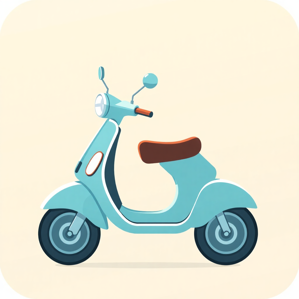 The image is an illustration of a light blue scooter with a brown seat. The scooter has a round headlight and two round mirrors on the front. The body of the scooter is light blue with a white stripe running along the side. The seat is brown and appears to be made of leather. The wheels are black with silver rims. The background is a light beige color.