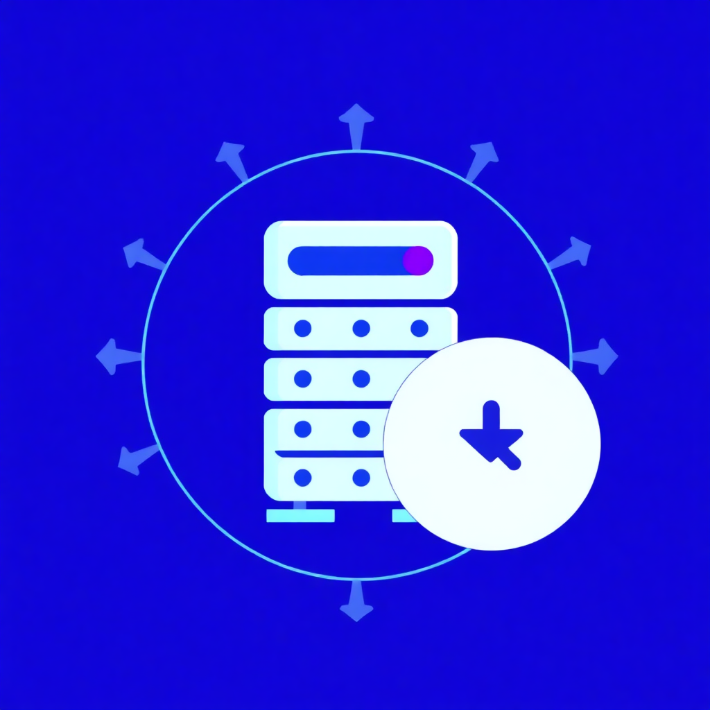 The image is a blue square with a white circle in the center. Inside the circle, there is an illustration of a server rack with multiple rows of servers. The server rack is white with a pink stripe on the top and bottom. On the right side of the image, there are several arrows pointing towards the server rack, indicating that the image is related to data storage or data storage. There is also a white button with an arrow pointing downwards, suggesting that the user can click on it to access the server.