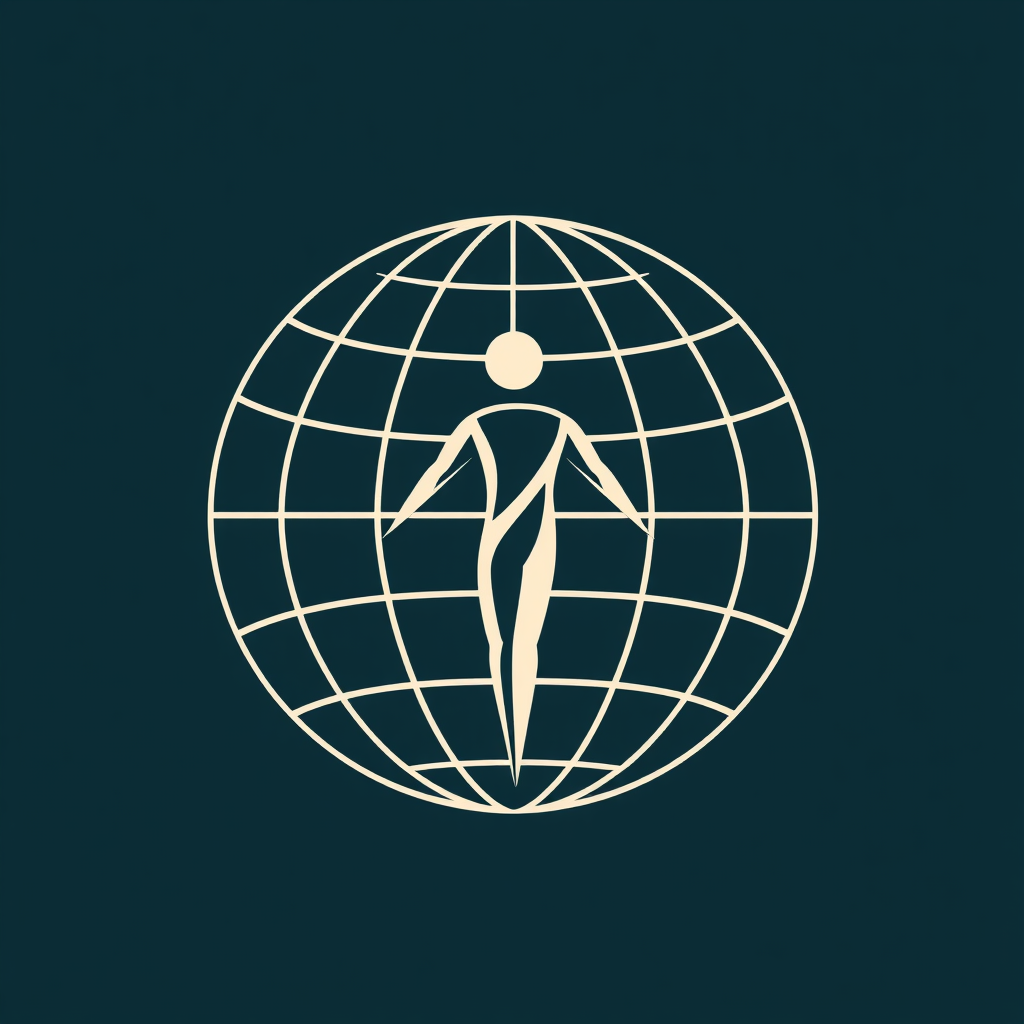 A stylized human figure gracefully intertwined with the lines of a minimalist globe, symbolizing the direct and integral connection between humanity and global design principles.