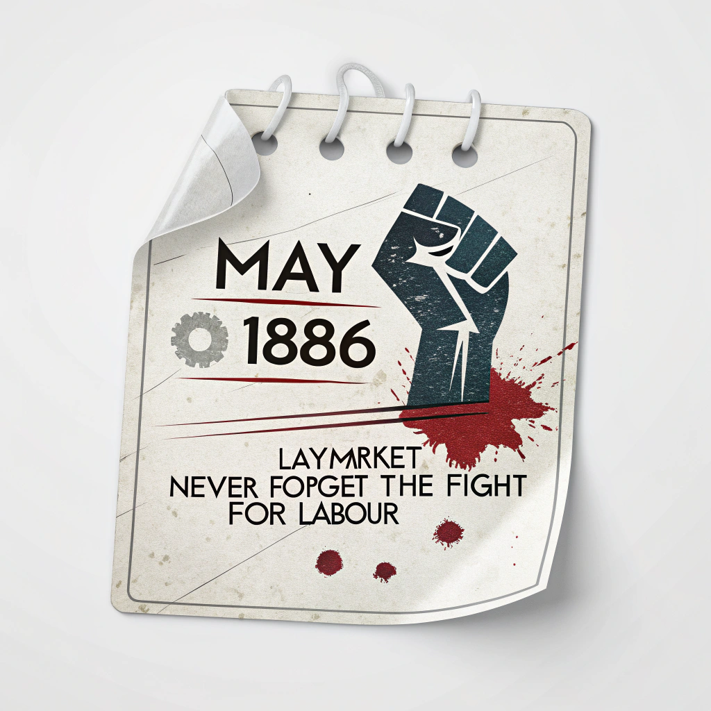 Torn Calendar Page Sticker: Design of a torn, aged calendar page highlighting 'May 1886' (specifically May 1st or May 4th). Elements could include a fist icon, a blood-stain effect, or old newspaper style typography. Text: 'Haymarket: Never Forget The Fight For Labour.'