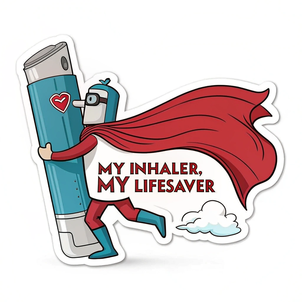Sub-design 1: An inhaler depicted with a flowing superhero cape, with the text 'My Inhaler, My Lifesaver' in a bold, heroic font.