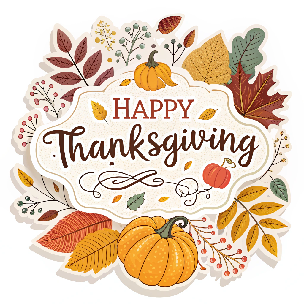 The image shows a happy Thanksgiving card with a white background and a variety of autumn leaves and pumpkins. The leaves are in shades of red, orange, and yellow, and the pumpkins are a deep orange color. The text 