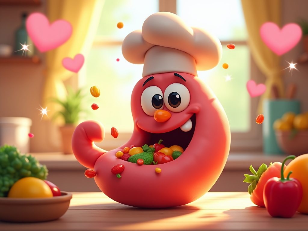 The image shows a cartoon character in a chef's hat sitting at a table with a variety of fruits and vegetables in a bowl. In the background, there are flower pots, curtains, and a window, creating a cozy atmosphere. The image is animated, giving it a lively and vibrant feel.