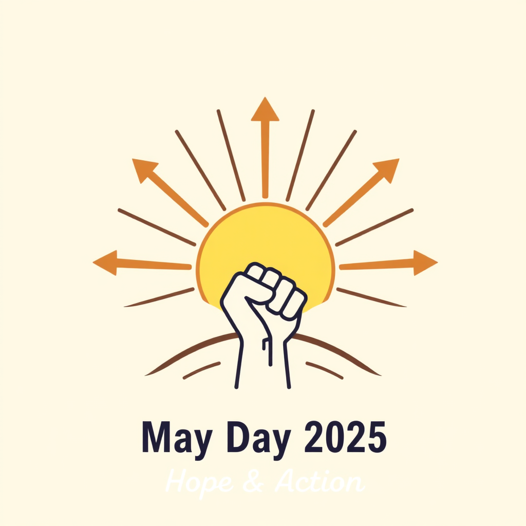 Sub Design 1 (Minimalist Sunrise & Action): A clean, abstract rising sun whose rays are stylized as upward arrows signifying growth and collective action. A subtle gear or fist element is integrated. Text: 'May Day 2025: Hope & Action'.