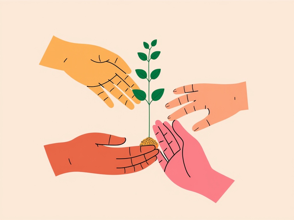 A hand holding a seedling, with diverse hands reaching out to nurture it, representing the growth and potential of women and the importance of supporting them.