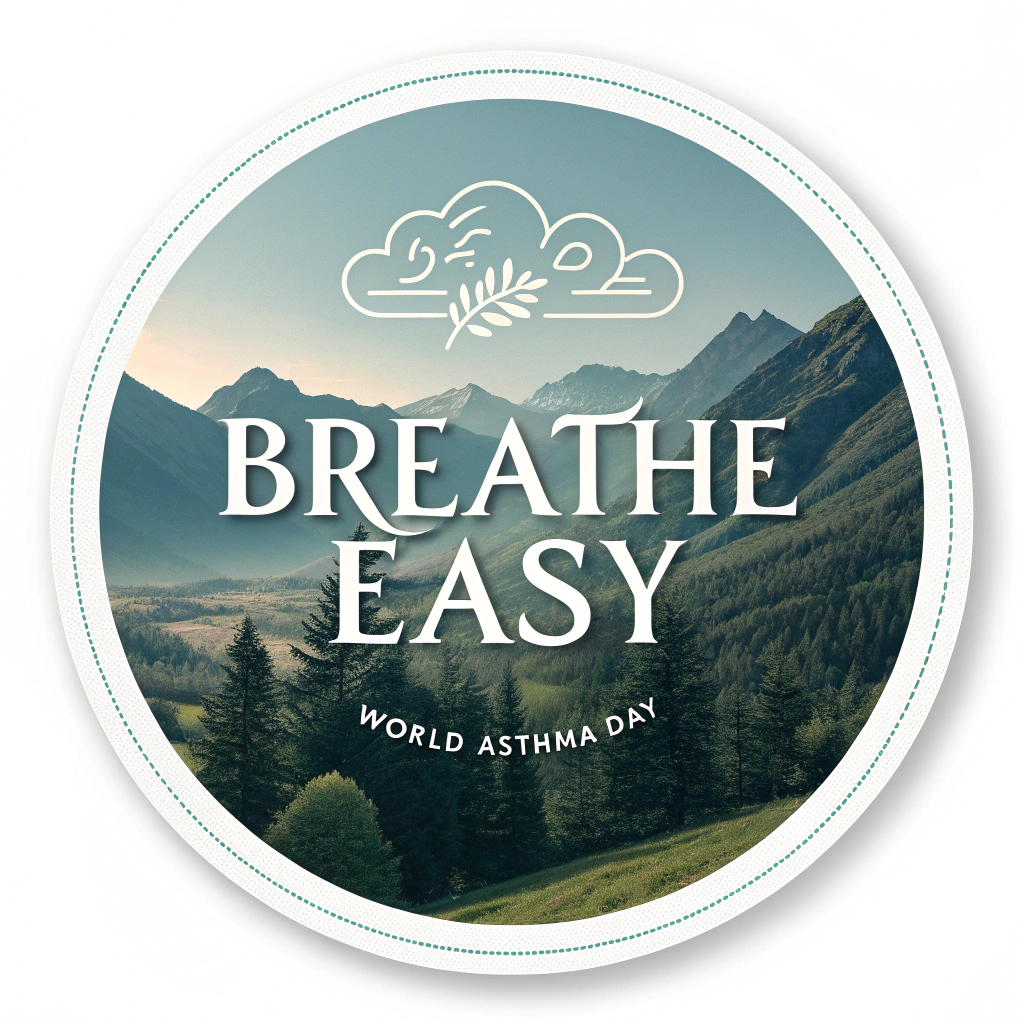A circular sticker with a serene landscape (e.g., mountains, clear sky) inside, and the words 'Breathe Easy' in a calming font. 'World Asthma Day' as a subtle border text.