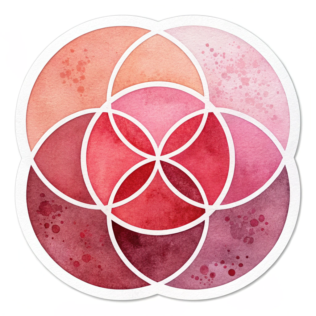 Overlapping circles in varying shades of red and pink, creating a sense of unity and connection.