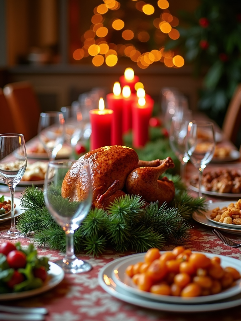 A festive dining table set for a Christmas feast, featuring a centerpiece of evergreen branches with red candles, sparkling crystal glassware, and fine china. The table is laden with mouth-watering dishes, including a glazed turkey, roasted vegetables, and an array of delectable desserts. The warm candlelight enhances the cozy atmosphere, promising a joyful celebration ahead.