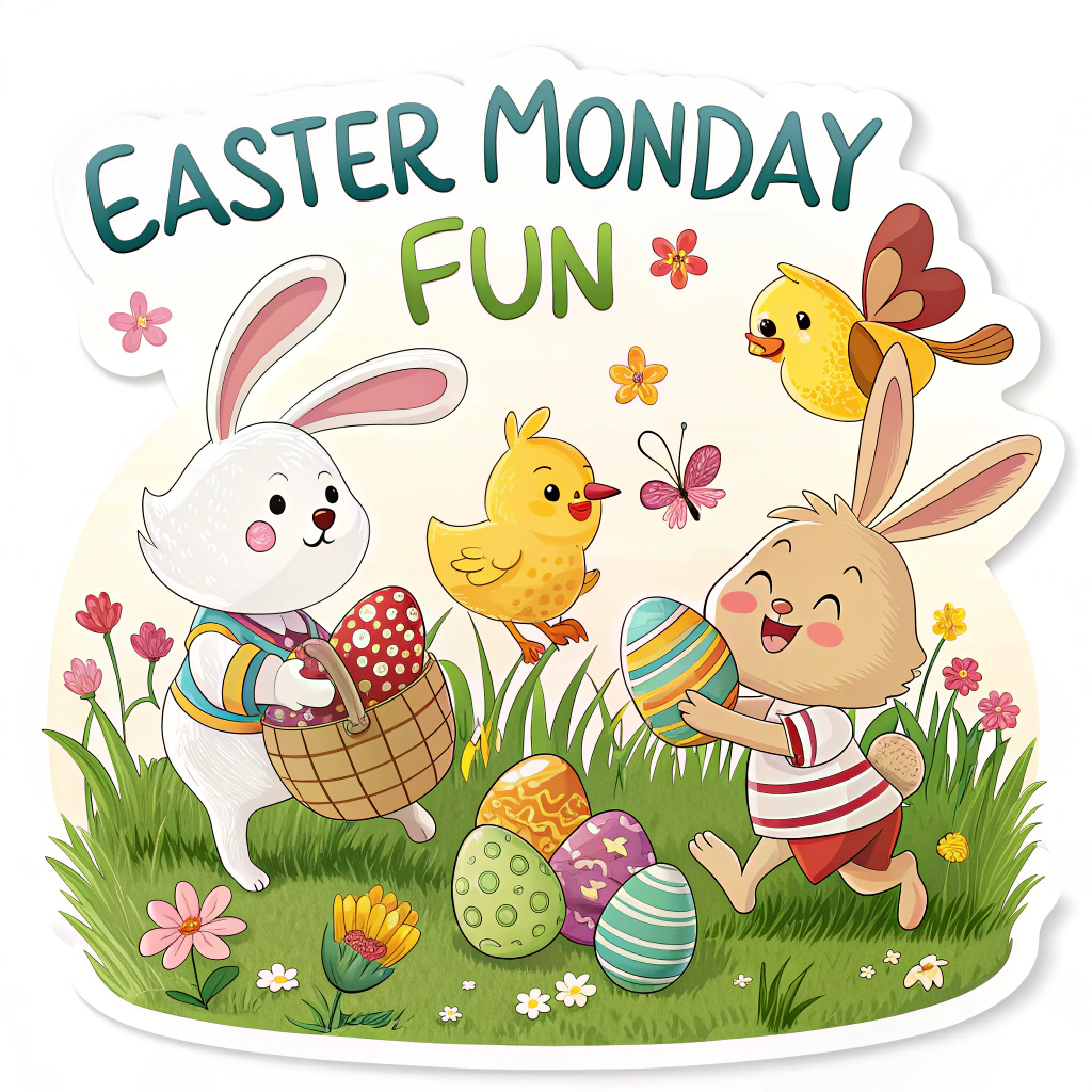 Develop a sticker depicting various Easter-themed characters (bunnies, chicks) participating in an egg hunt, labeled 'Easter Monday Fun'.