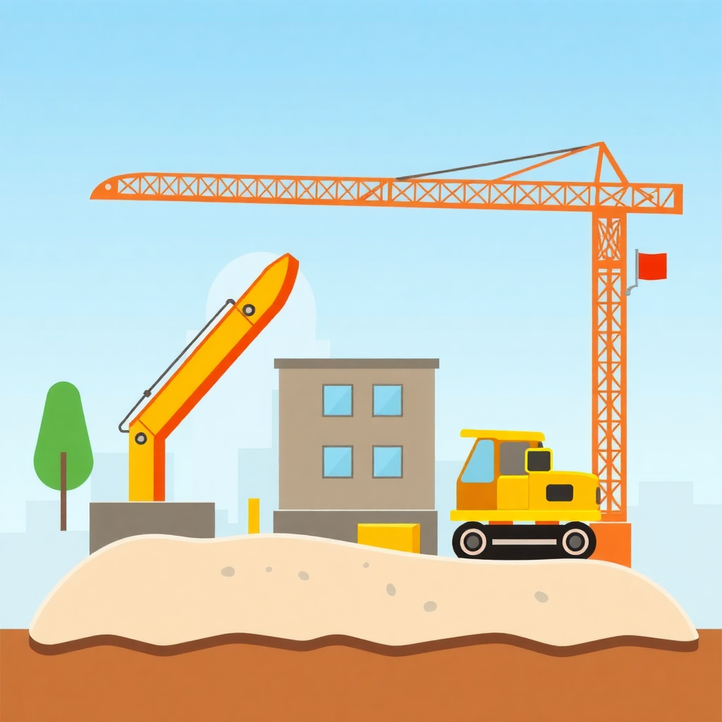  a construction site with a large orange crane and a yellow excavator. The crane is on the left side of the image and the excavator is in the center. The excavator has a long arm with a hook at the end, which is used to lift and move heavy objects. On the right side, there is a building under construction. The building appears to be a two-story structure with a gray exterior and a red flag on top. The ground is covered in sand and there are trees in the background. The sky is blue and the overall scene is bright and sunny.