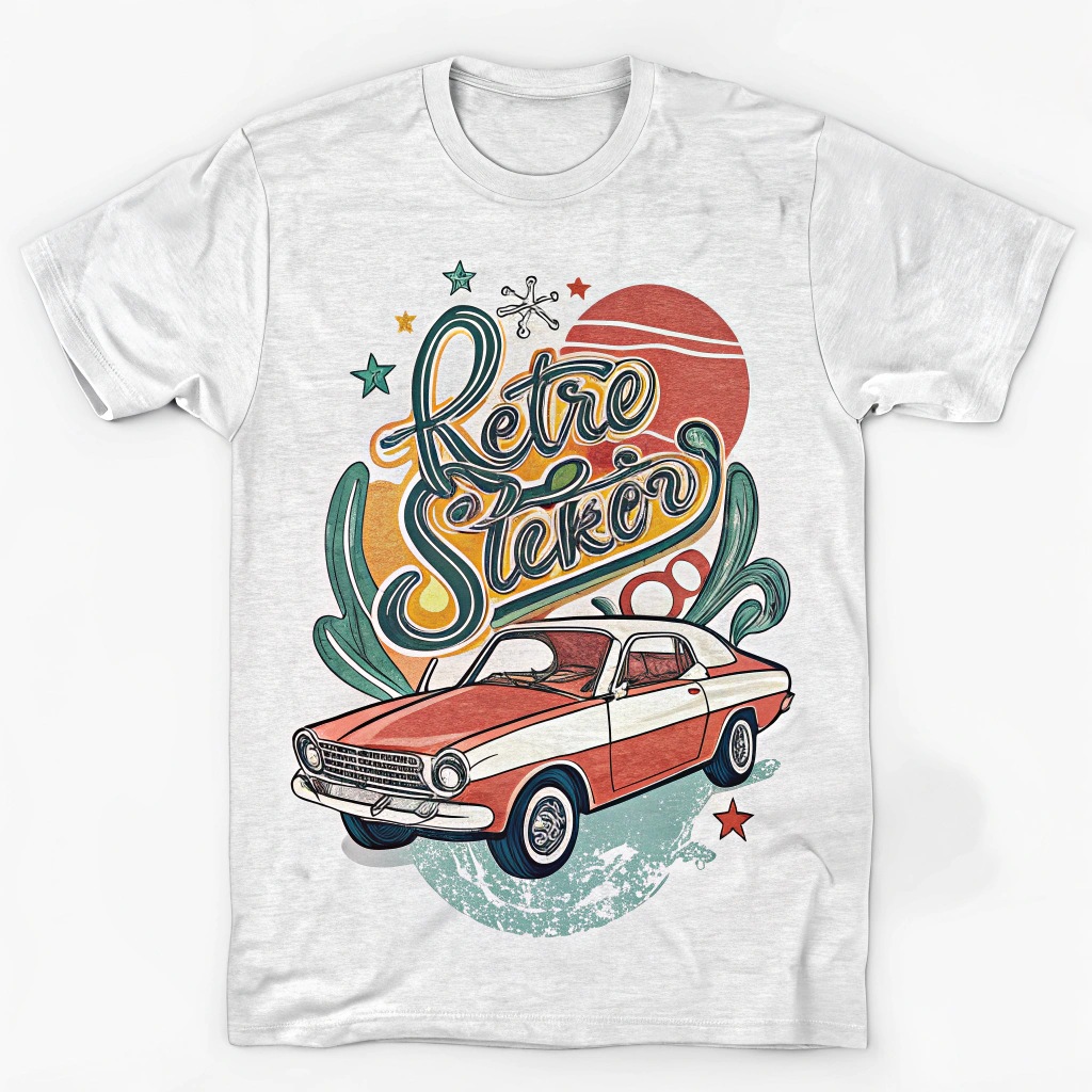 The image is of a white t-shirt with a graphic design on the front. The design features a red and white vintage car with the words Retro Sticker written in a cursive font above it. The car is surrounded by green leaves and stars, giving it a retro and vintage feel. The background is a gradient of orange and yellow, with a red sun in the top right corner. The overall design has a playful and whimsical feel to it.