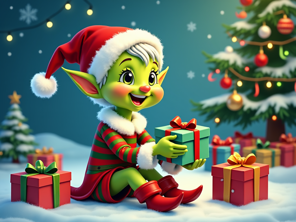  a cartoon Christmas elf sitting on the snow in front of a Christmas tree. The elf is wearing a red and green striped outfit with a white Santa hat and red boots. It has a big smile on its face and is holding a green gift box in its hands. The tree is decorated with colorful ornaments and lights, and there are several other Christmas presents scattered around it. The background is a blue sky with snowflakes falling. The overall mood of the image is cheerful and festive.